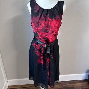 Connected Apparel Black and Red Floral Midi Dress